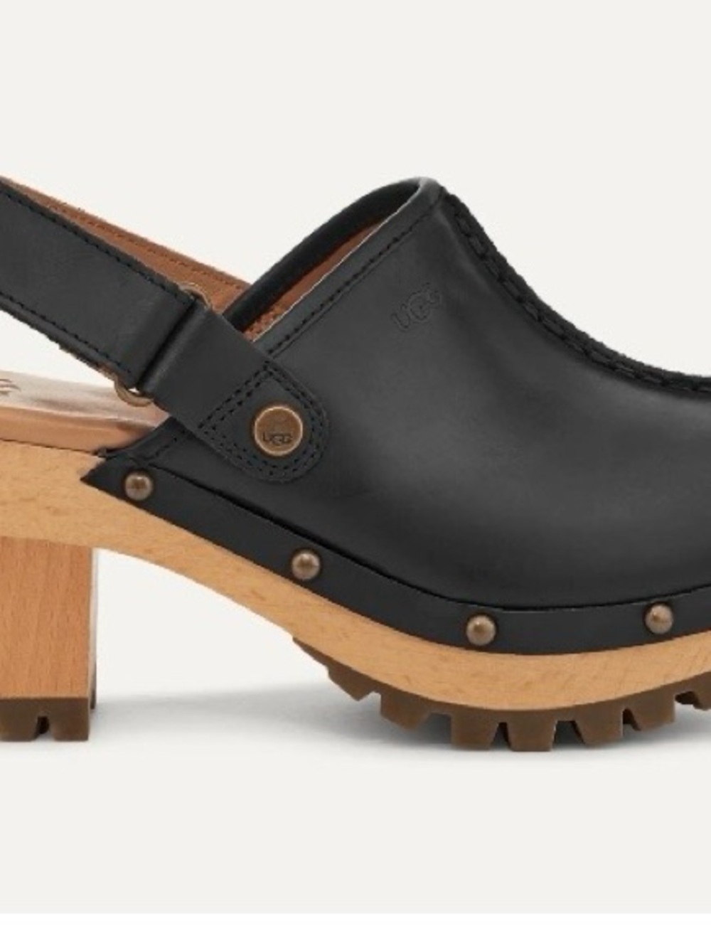 UGG Black Leather Slingback Clog with Wood-Look Heel and Stud Trim